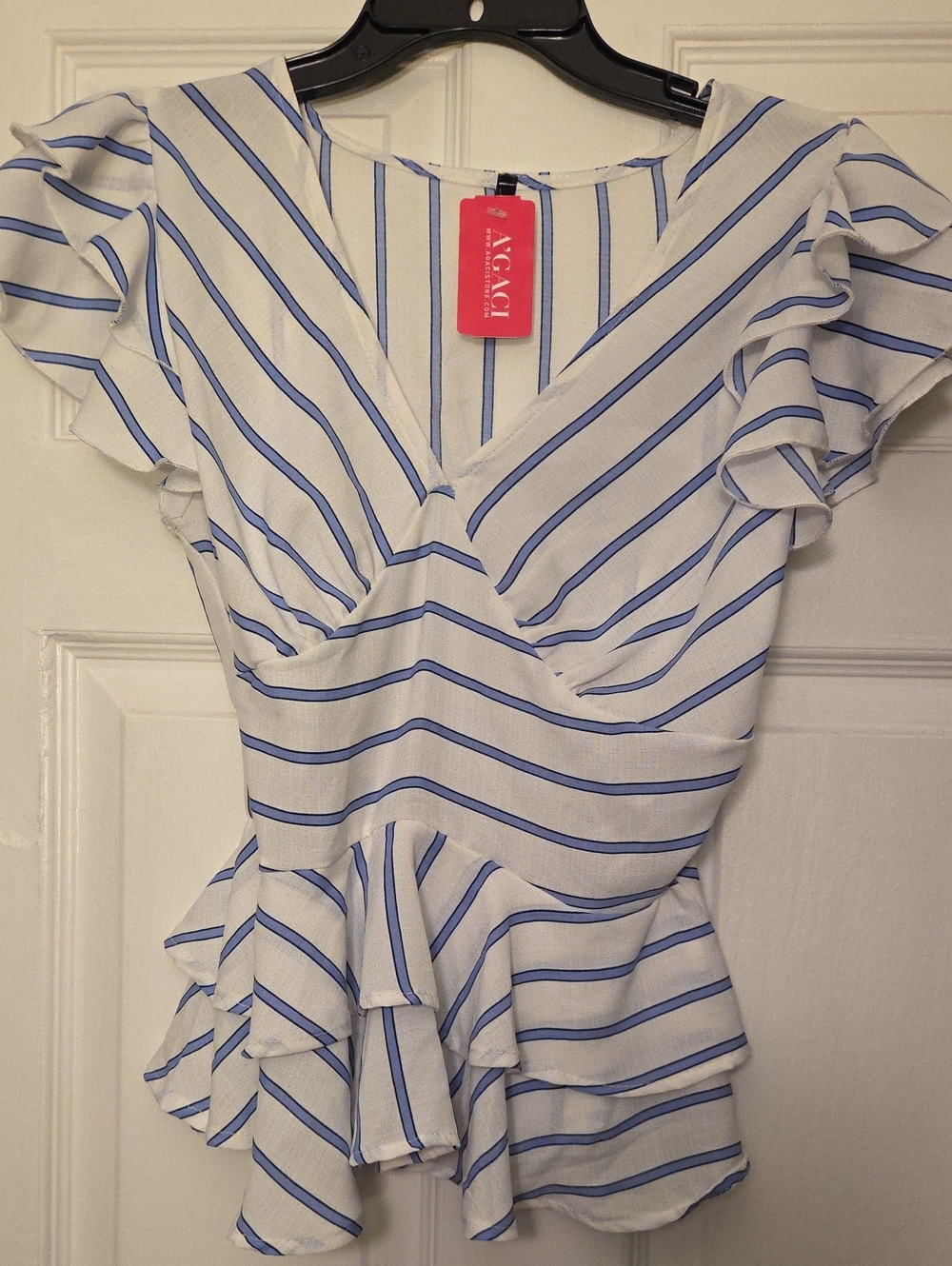 a'gaci White and Blue Striped Ruffle Peplum Blouse